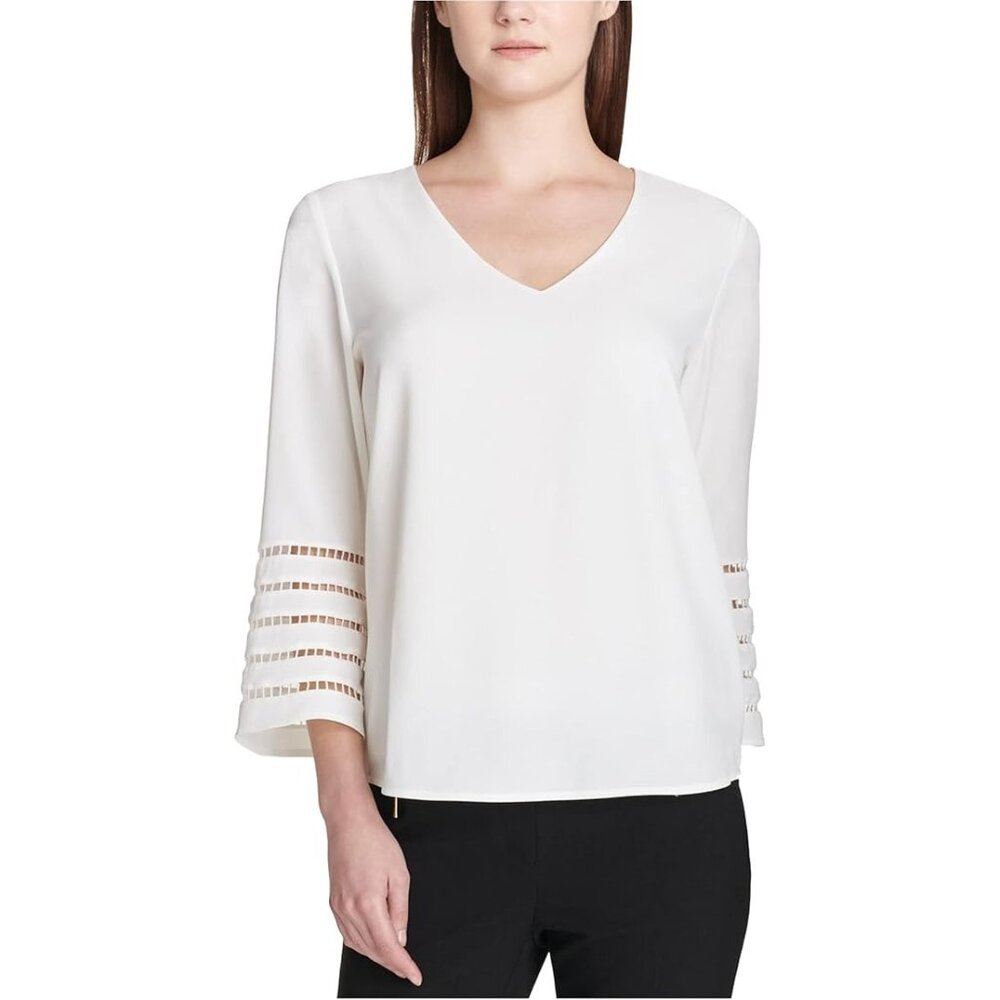 Calvin Klein White V-Neck 3/4 Sleeve Blouse with Ladder Trim